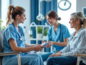 Discuție între medic și pacient într-o clinică modernă.