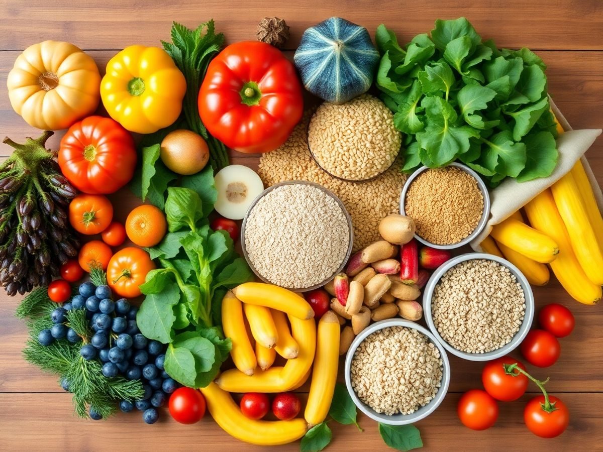 Fructe și legume proaspete pe o masă de lemn.