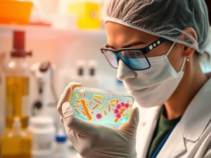 Laborator medical cu culturi bacteriene si echipamente.