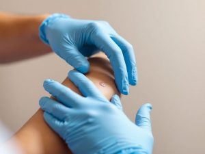 Specialist medical examinează pielea unui pacient