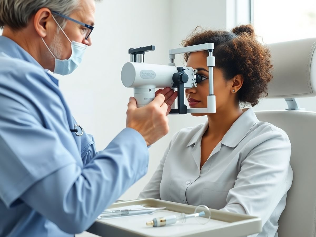 Oftalmolog examinează pacient cu aparat modern într-o clinică luminoasă curată