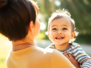 Părinți zâmbind și un copil fericit.