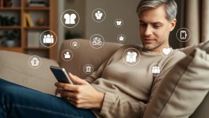 Persoană folosind tehnologie pentru sănătate acasă.