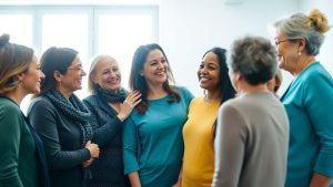 Femei zâmbind și interacționând într-un cabinet medical.