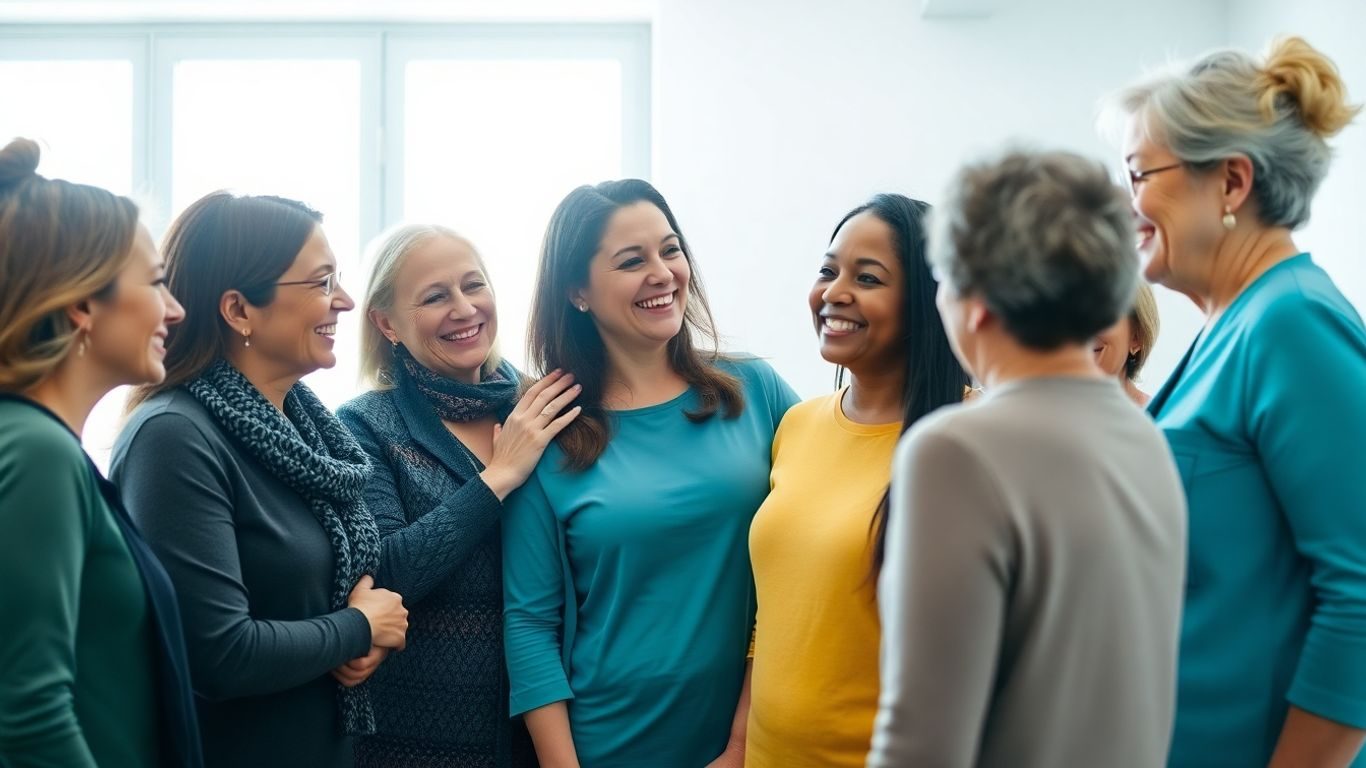 Femei zâmbind și interacționând într-un cabinet medical.